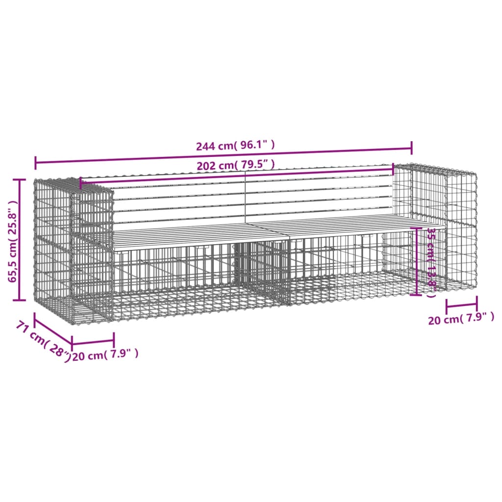 vidaXL Garden Bench Gabion Design 244x71x65.5 cm Solid Wood Pine