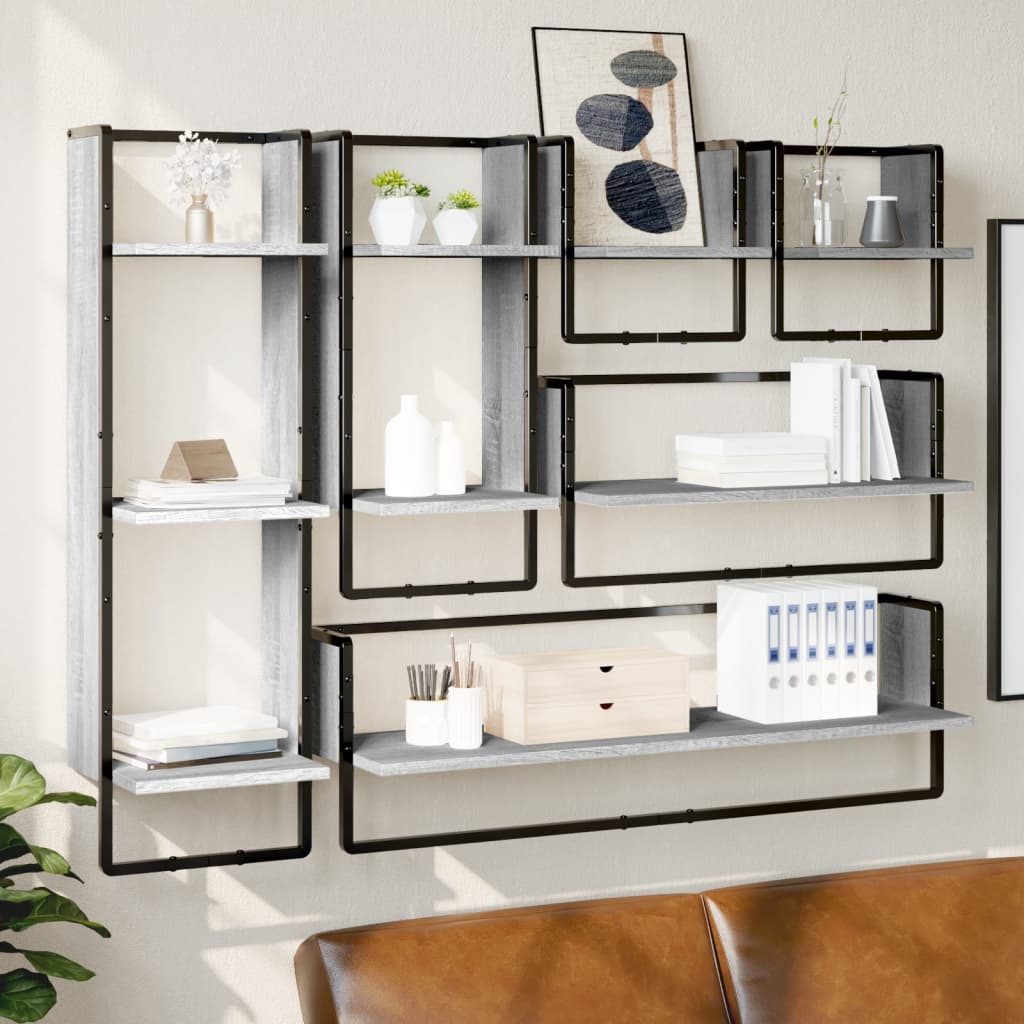 vidaXL 6 Piece Wall Shelf Set with Bars Grey Sonoma Engineered Wood