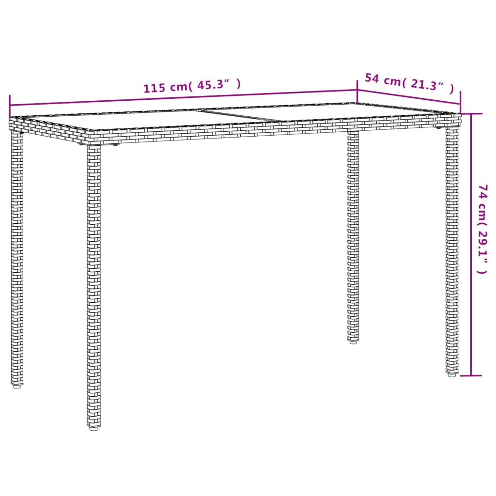 vidaXL Garden Table with Glass Top Black 115x54x74 cm Poly Rattan