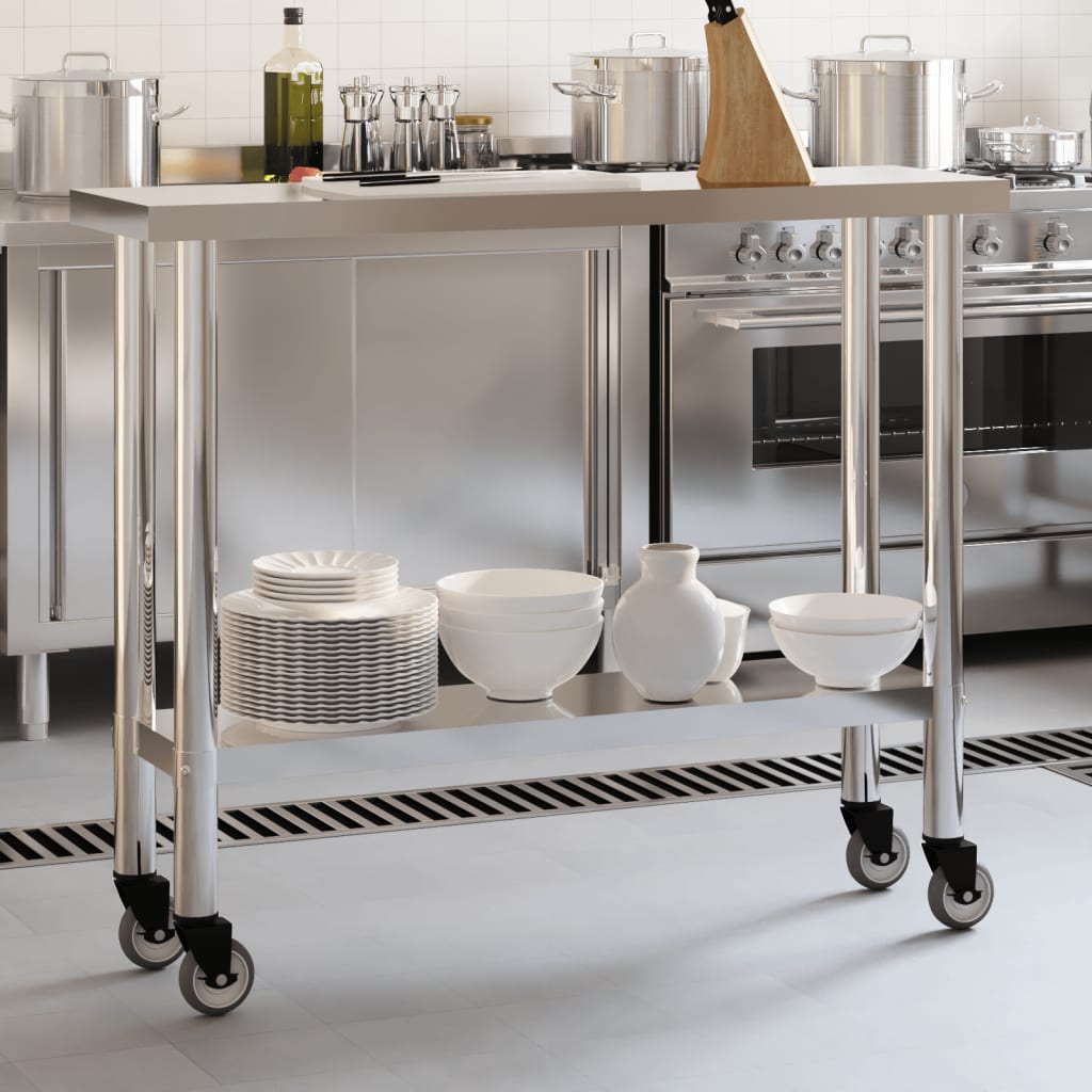 vidaXL Kitchen Work Table with Wheels 110x30x85 cm Stainless Steel