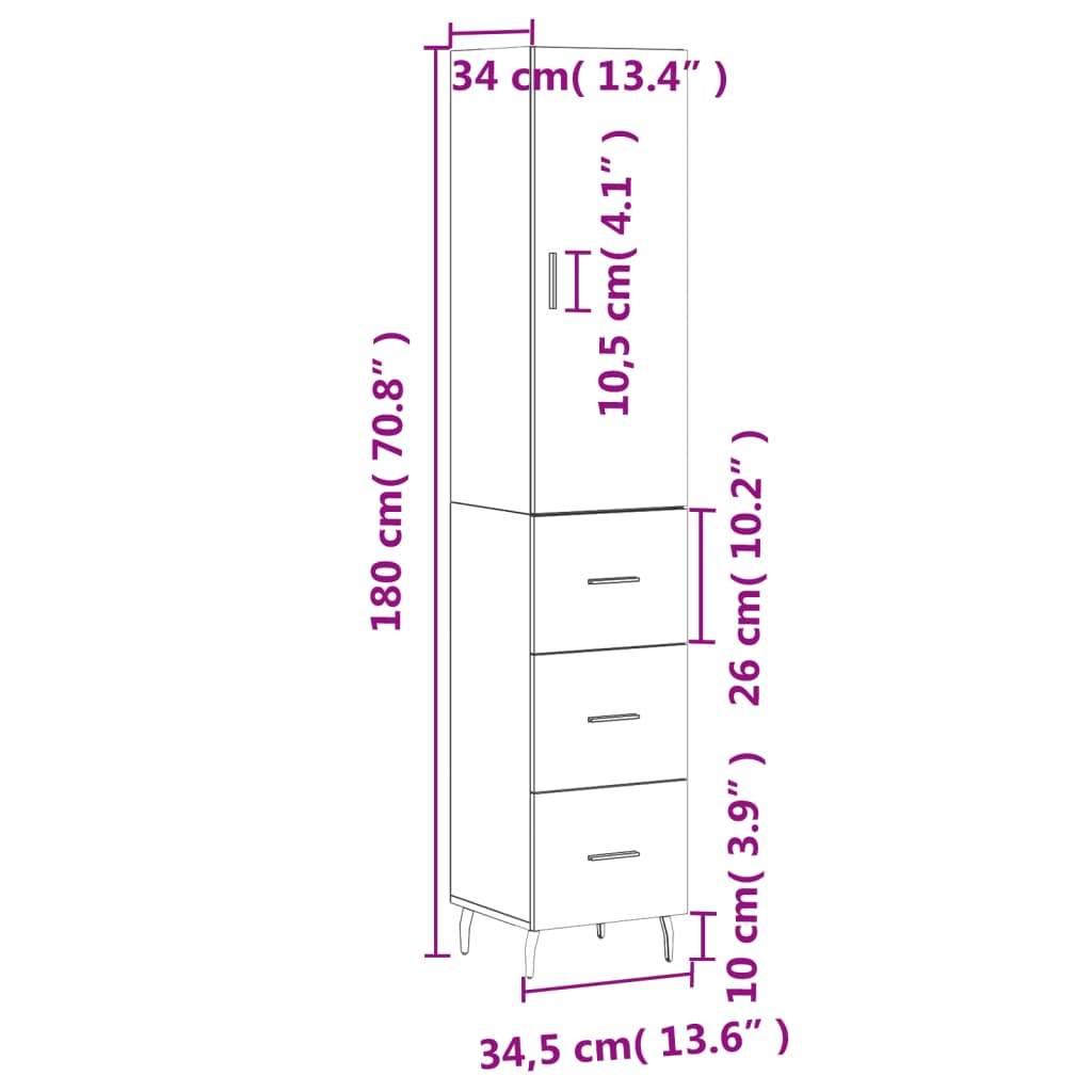 vidaXL Highboard Concrete Grey 34.5x34x180 cm Engineered Wood