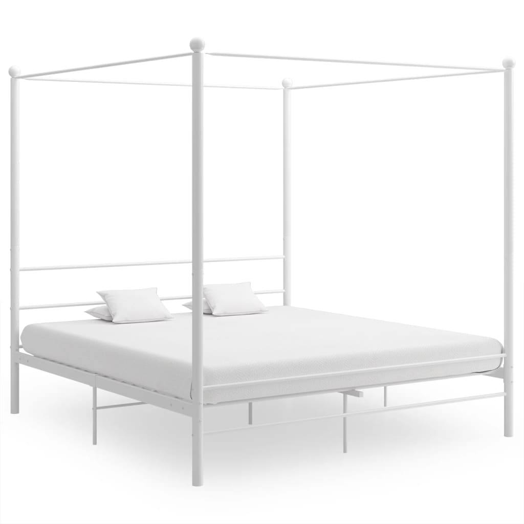 vidaXL Canopy Bed Frame without Mattress White Metal 180x200 cm Super King