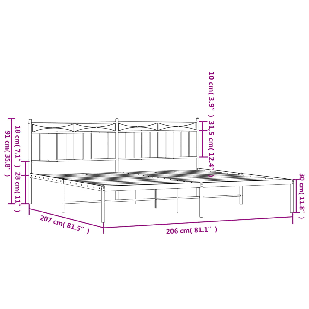 vidaXL Metal Bed Frame without Mattress with Headboard White 200x200 cm