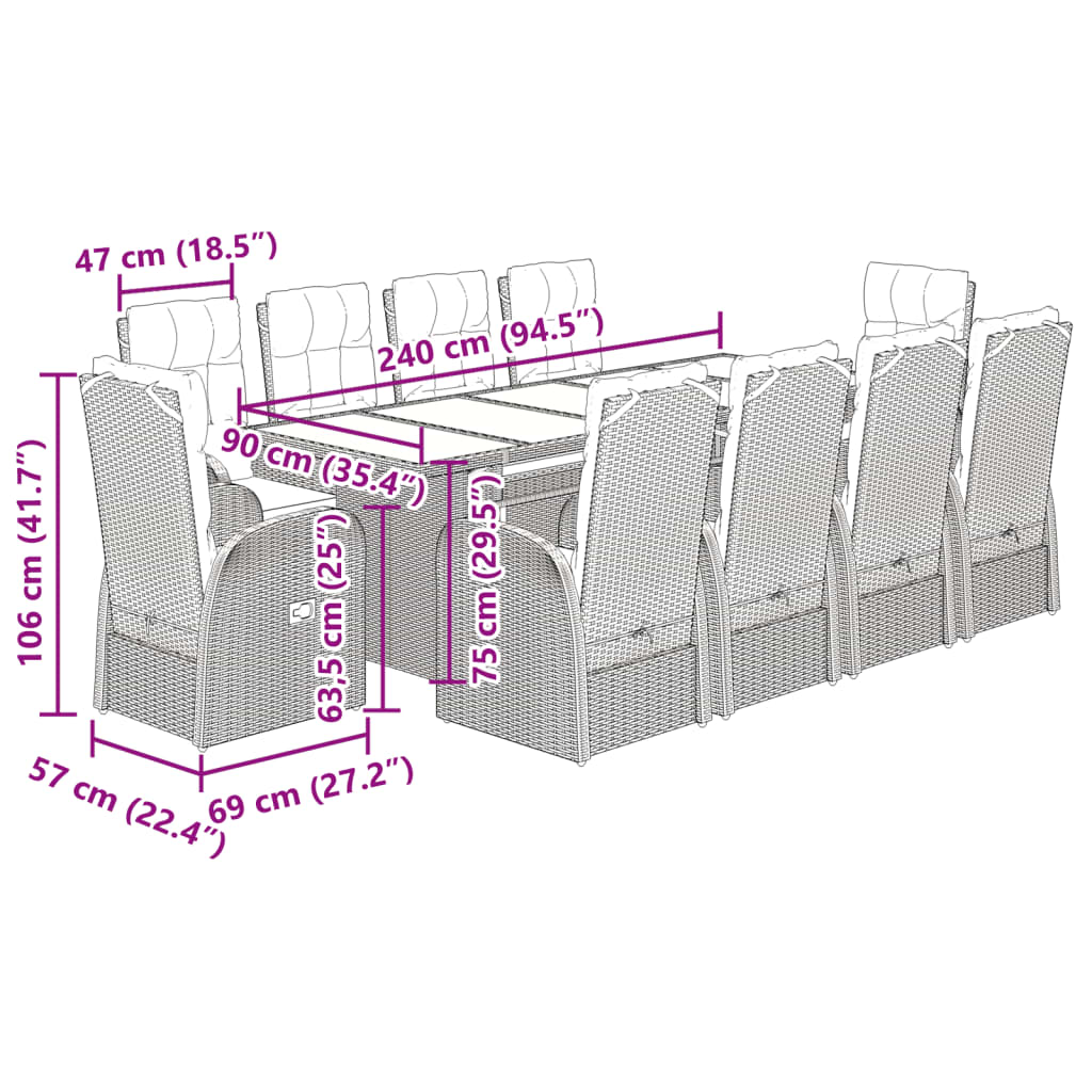 vidaXL 9 Piece Garden Dining Set with Cushions Black Poly Rattan