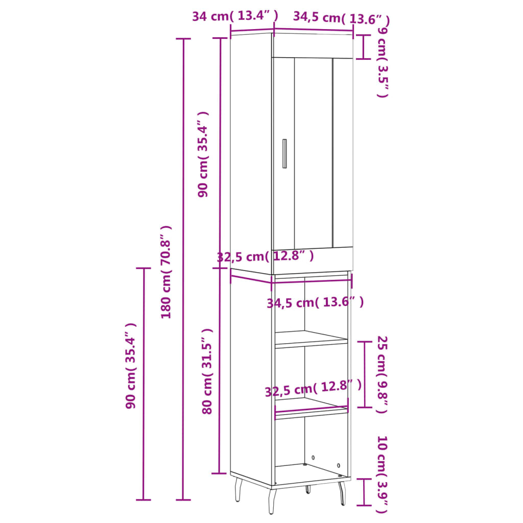 vidaXL Highboard White 34.5x34x180 cm Engineered Wood