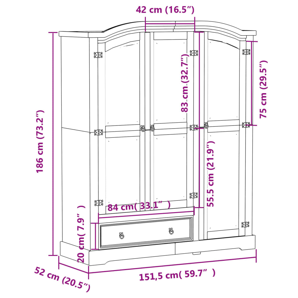 vidaXL Wardrobe Corona 151.5x52x186 cm Solid Wood Pine