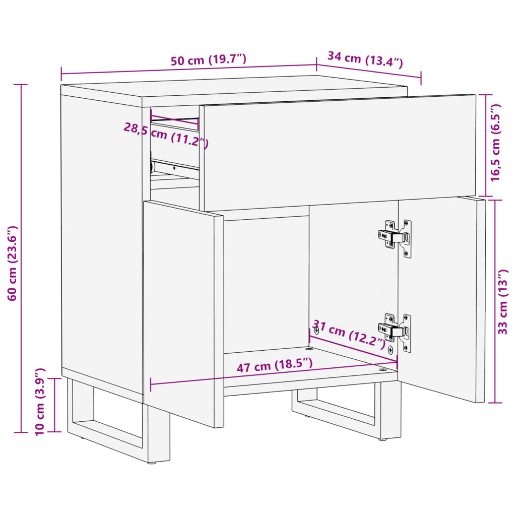 vidaXL Bedside Cabinet 50x34x60 cm Solid Wood Rough Mango