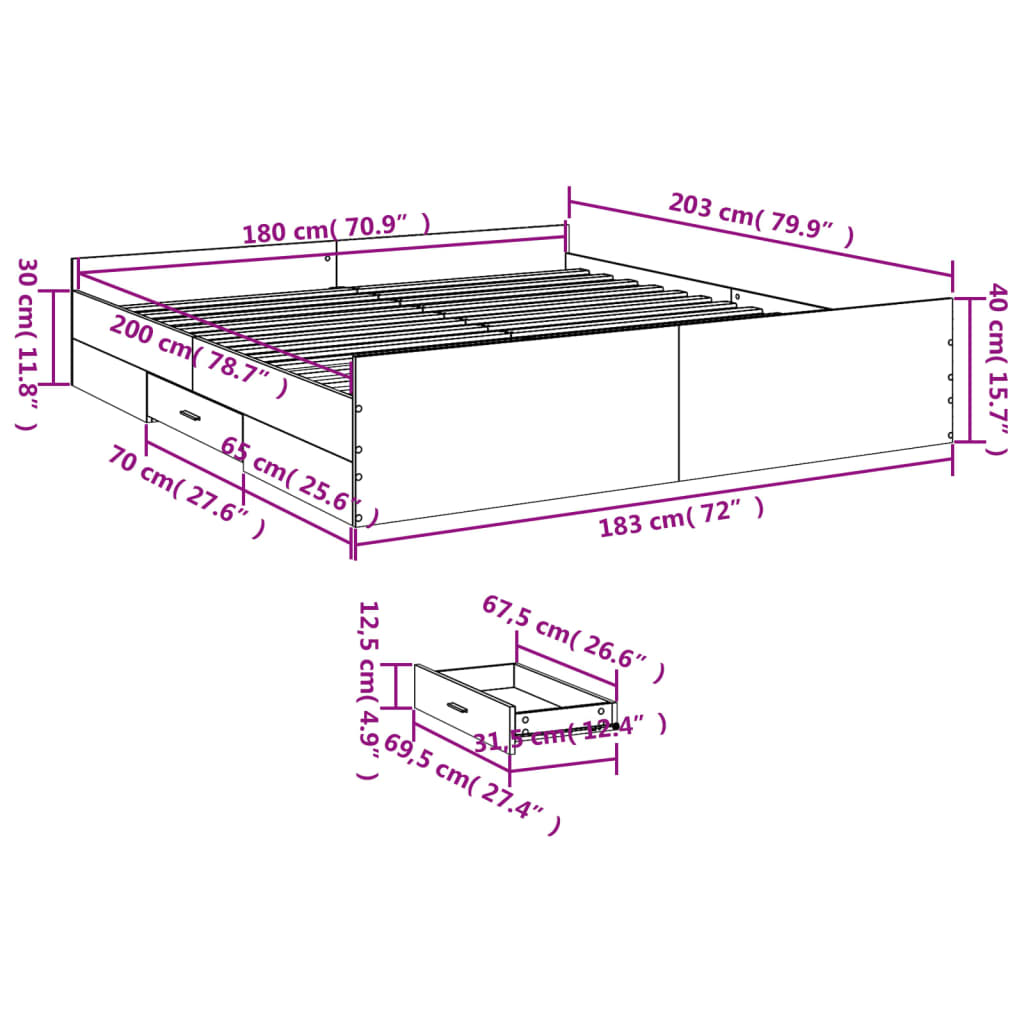 vidaXL Bed Frame with Drawers without Mattress Concrete Grey 180x200 cm Super King