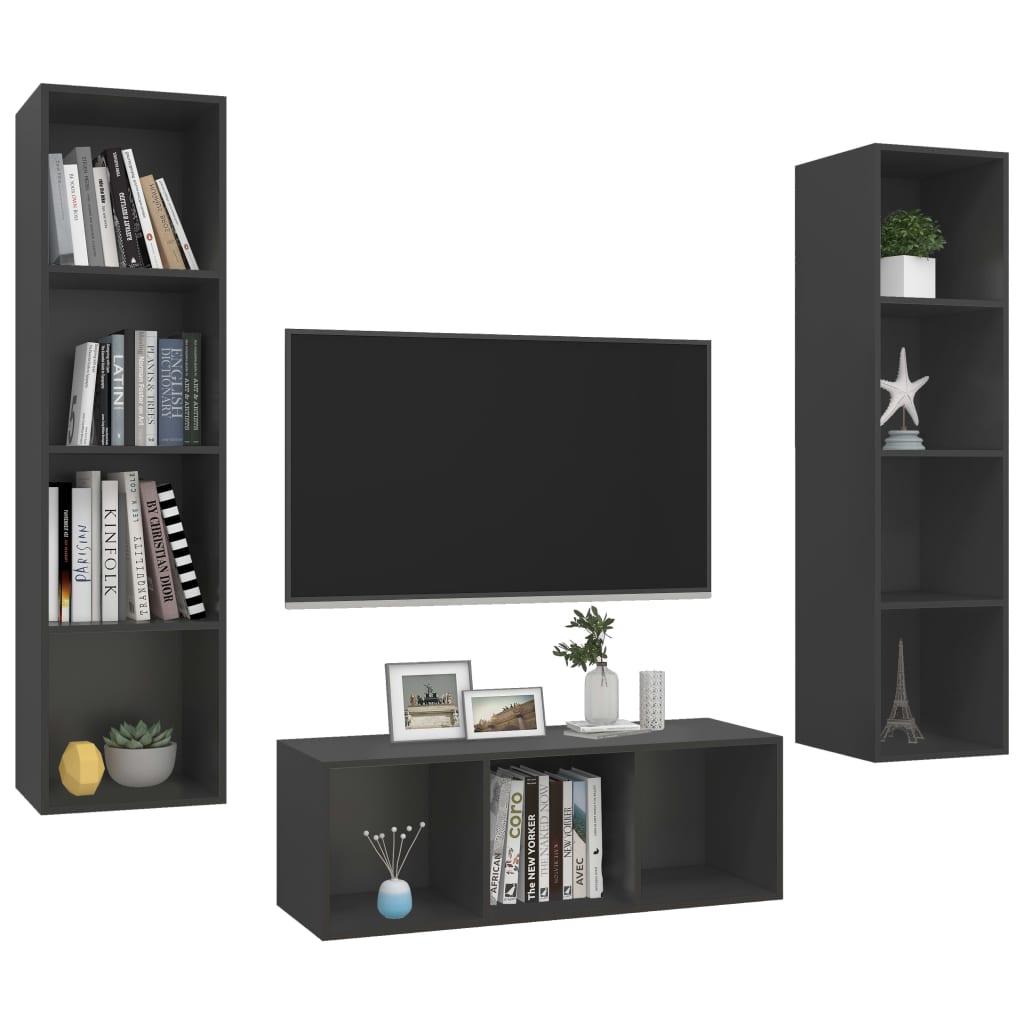 vidaXL 3 Piece TV Cabinet Set Grey Engineered Wood