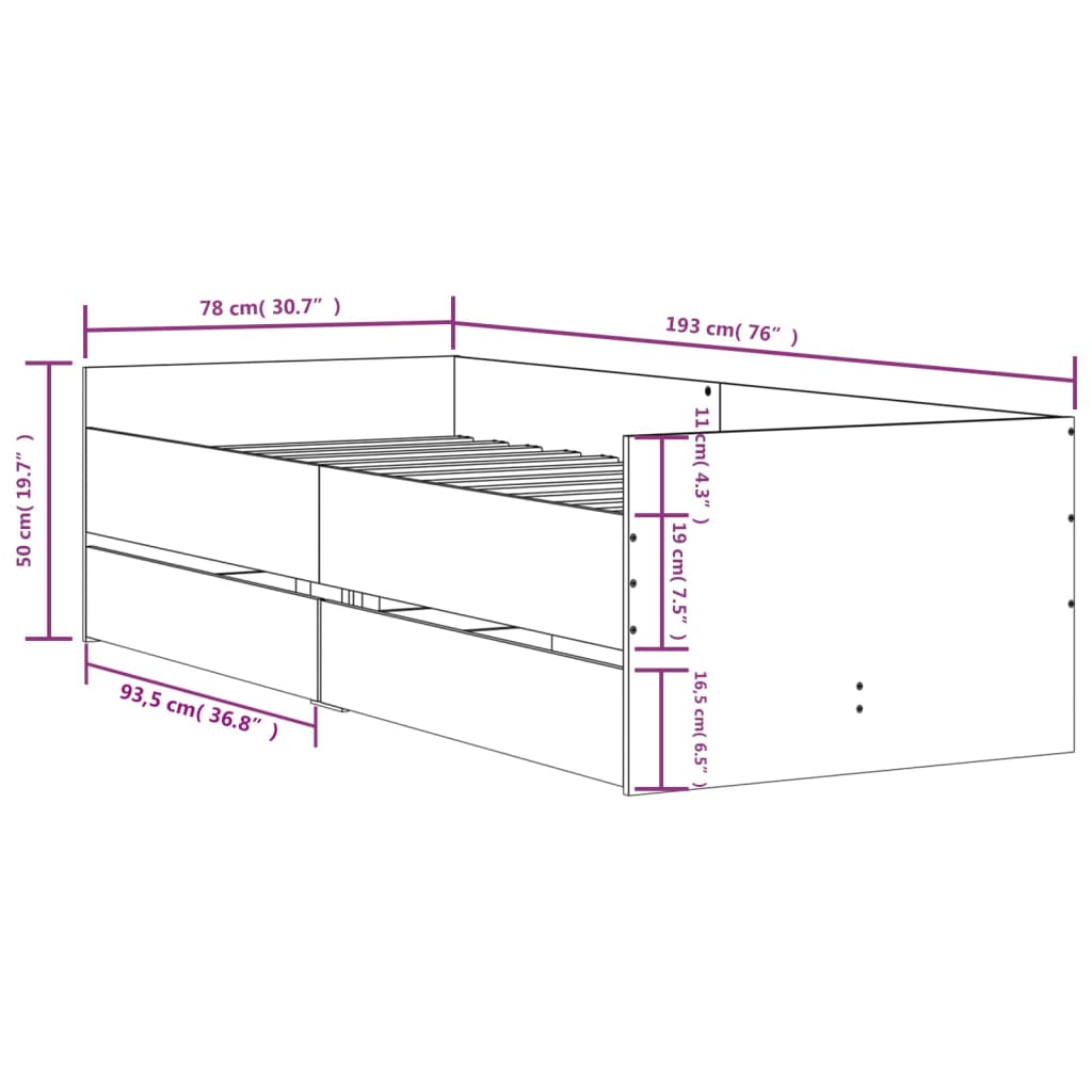 vidaXL Bed Frame without Mattress Sonoma Oak 75x190 cm Small Single