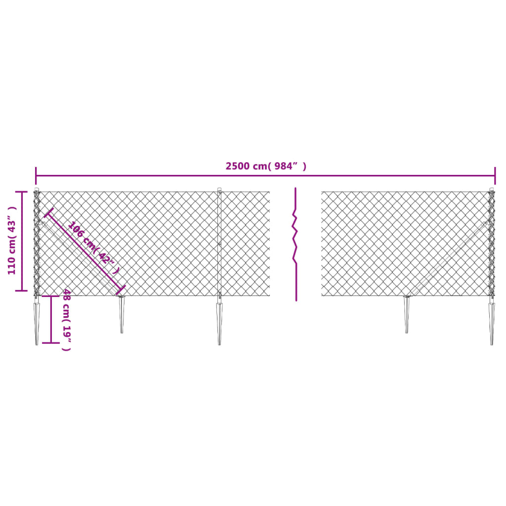 vidaXL Chain Link Fence with Spike Anchors Anthracite 1.1x25 m