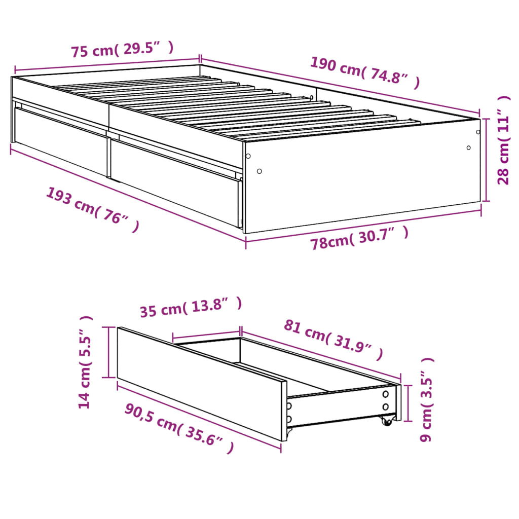 vidaXL Bed Frame with Drawers without Mattress Grey Sonoma 75x190 cm Small Single