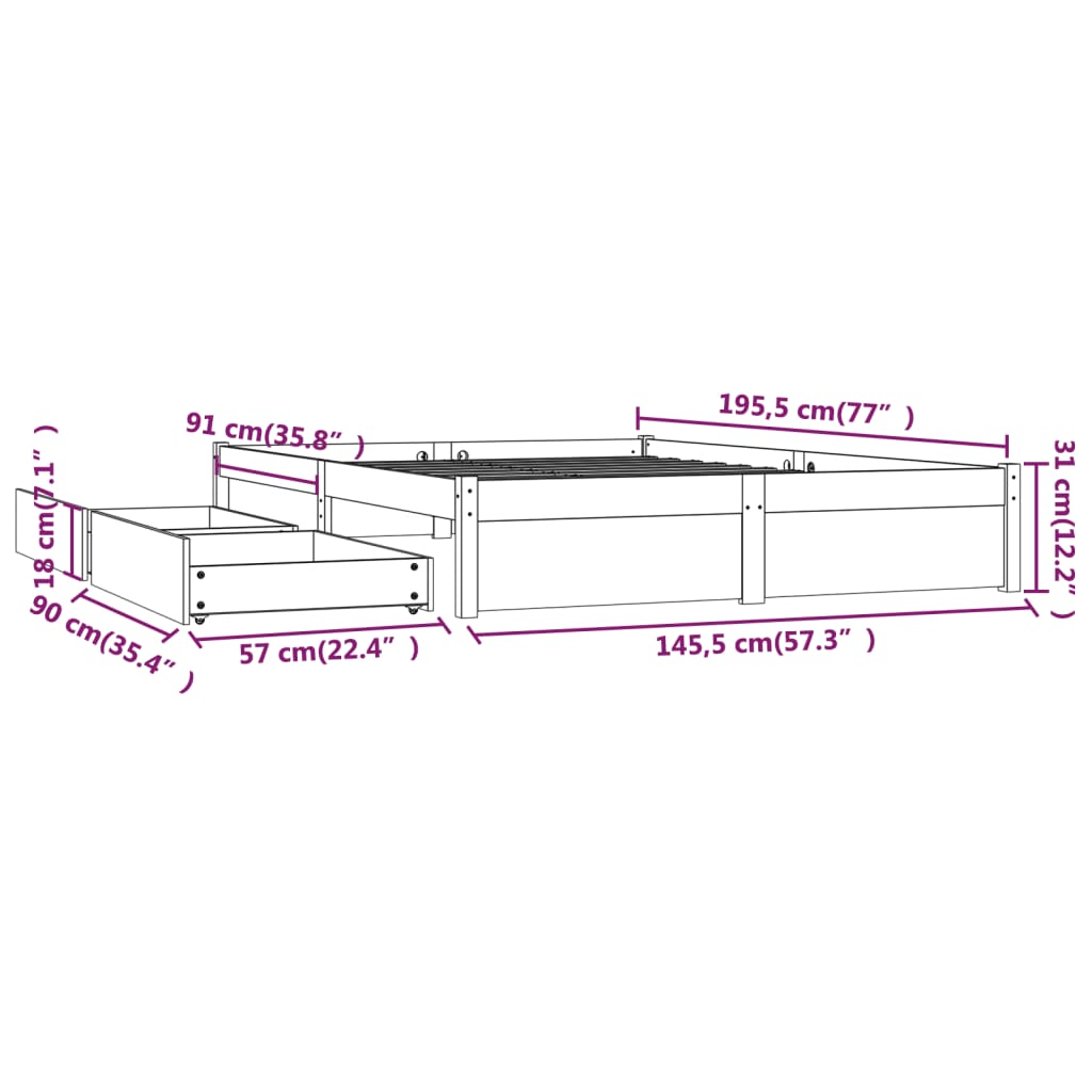 vidaXL Bed Frame without Mattress with Drawers White 140x190 cm (814930+814995)