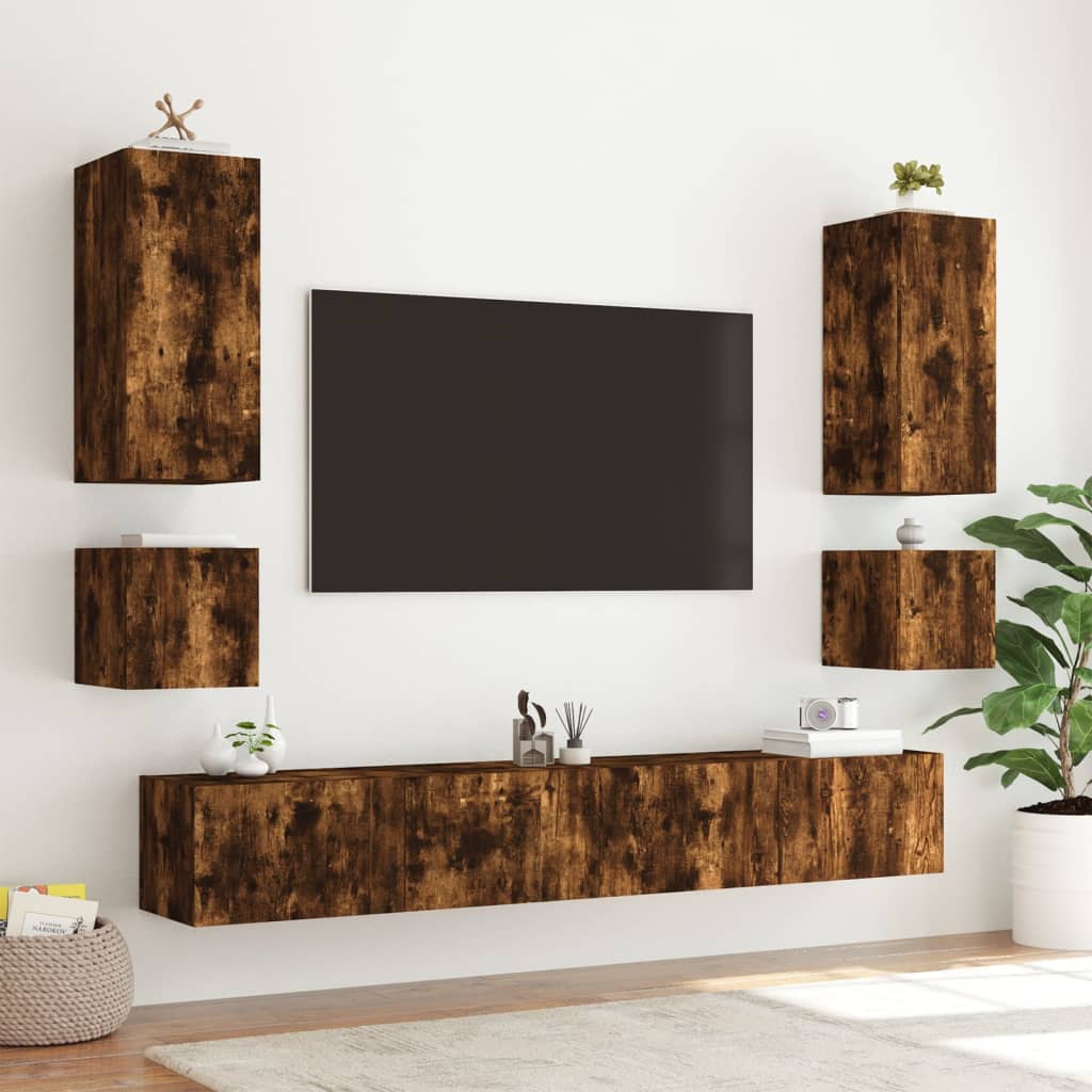 vidaXL TV Wall Cabinets with LED Lights 2 pcs Smoked Oak 40.5x35x40 cm