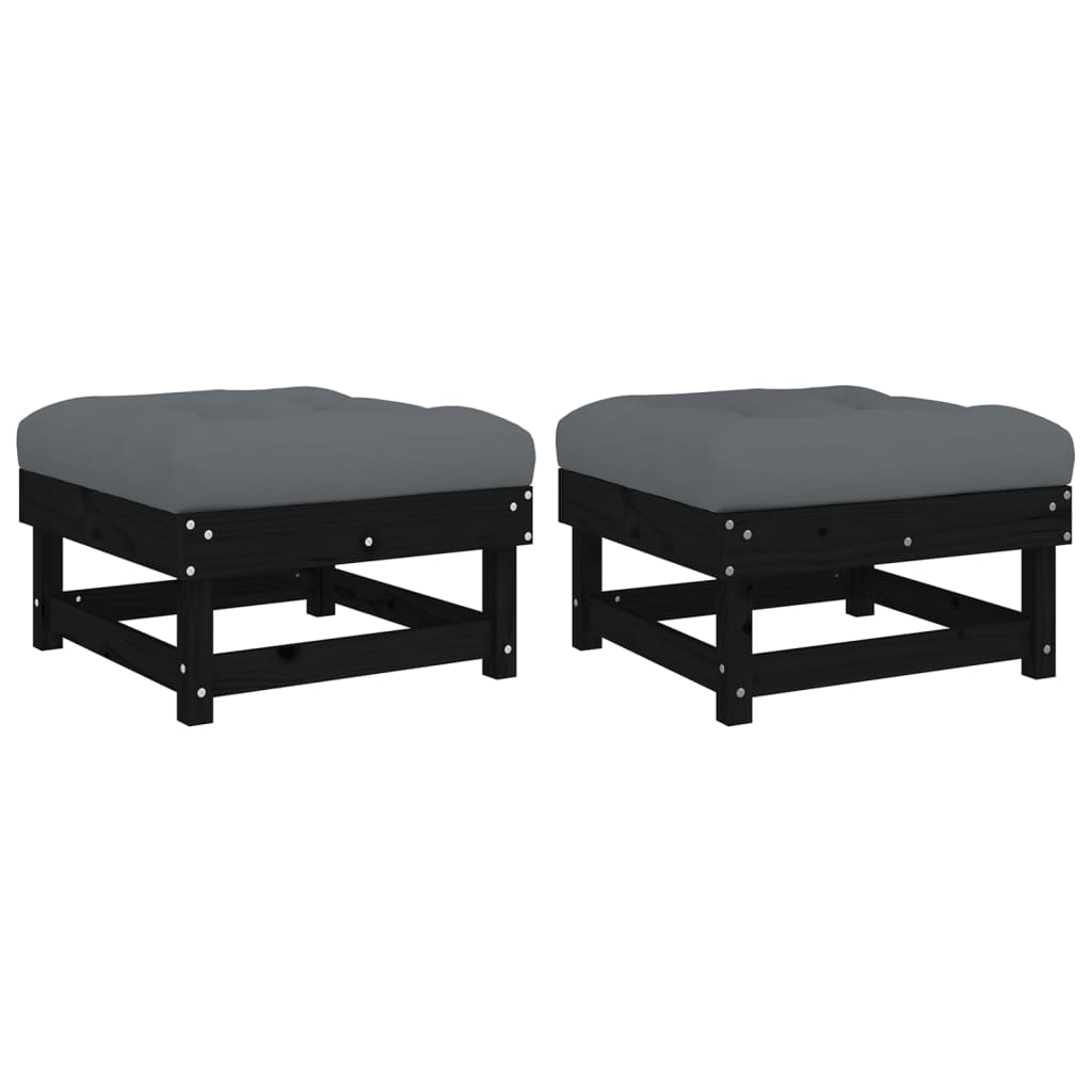 vidaXL Garden Footstools with Cushions 2pcs Black Solid Wood Pine
