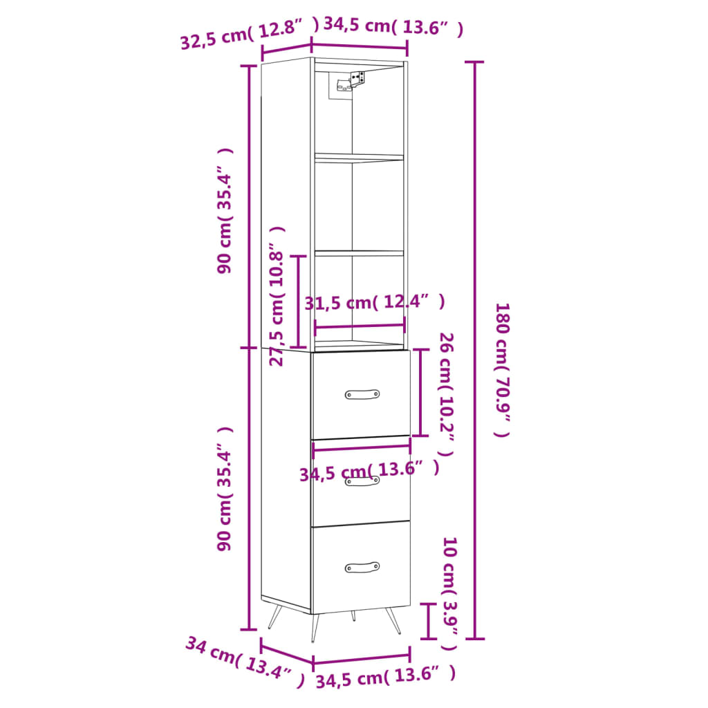 vidaXL Highboard Black 34.5x34x180 cm Engineered Wood