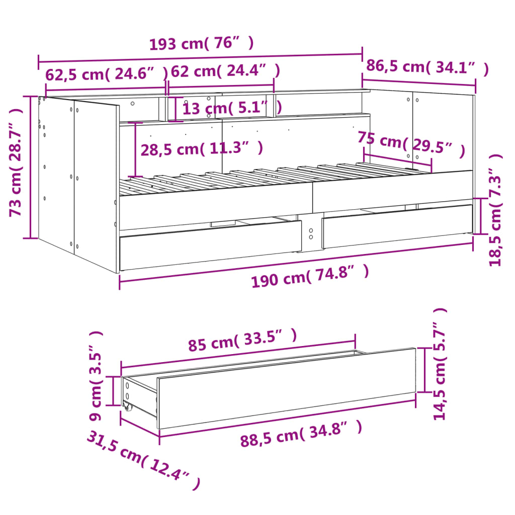 vidaXL Daybed with Drawers without Mattress Sonoma Oak 75x190 cm Small Single