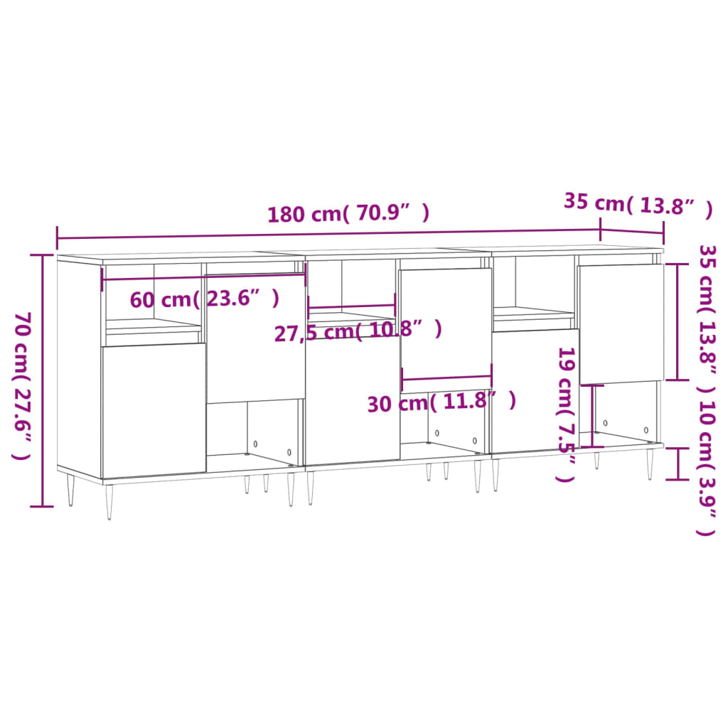 vidaXL Sideboards 3 pcs Black Engineered Wood