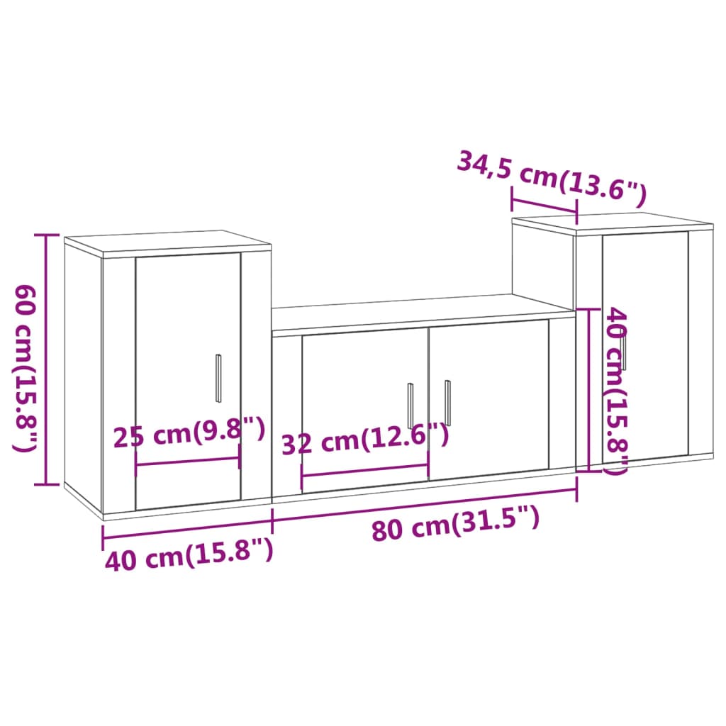 vidaXL 3 Piece TV Cabinet Set High Gloss White Engineered Wood