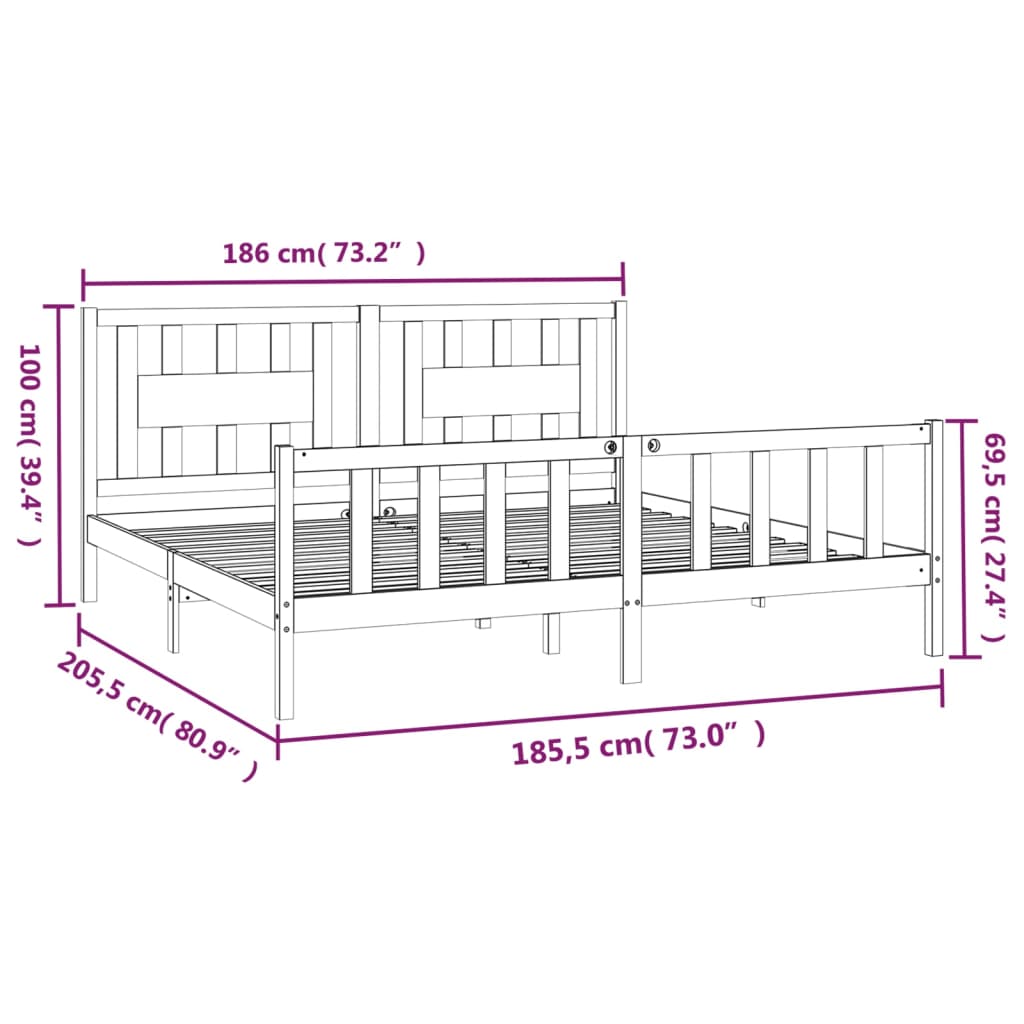 vidaXL Bed Frame without Mattress Black Solid Wood Pine Super King Size