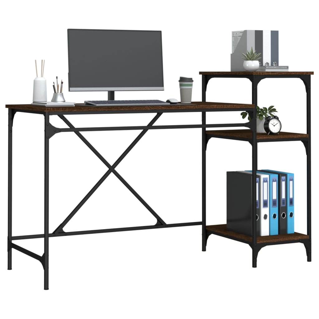 vidaXL Desk with Shelves Brown Oak 135x50x90 cm Engineered Wood&Iron