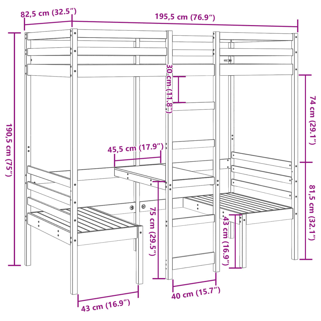 vidaXL Loft Bed Frame with Desk and Chairs 75x190cm Solid Wood Pine