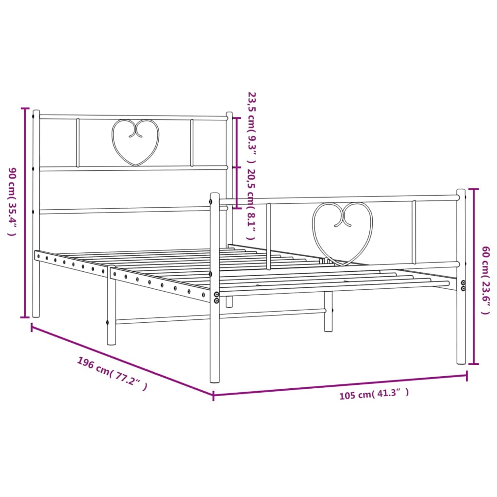 vidaXL Metal Bed Frame without Mattress with Footboard Black 100x190 cm