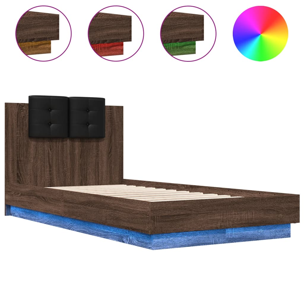 vidaXL Bed Frame with LED without Mattress Brown Oak 75x190 cm Small Single