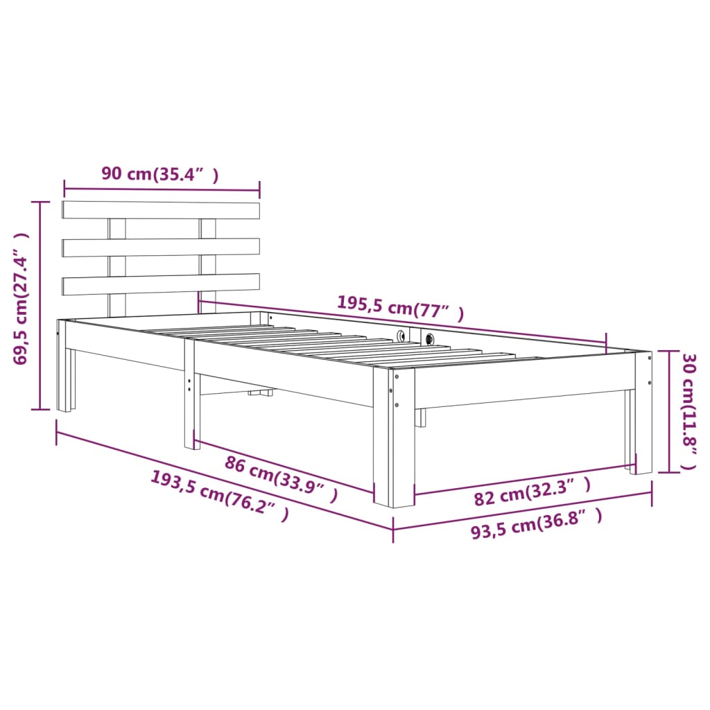 vidaXL Bed Frame without Mattress Black 90x190 cm Single