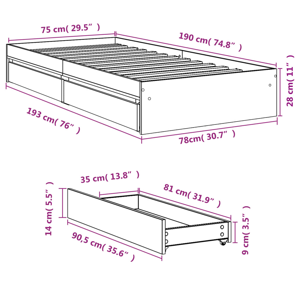 vidaXL Bed Frame with Drawers without Mattress Sonoma Oak 75x190 cm Small Single