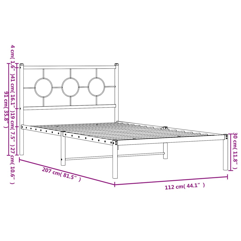 vidaXL Metal Bed Frame without Mattress with Headboard Black 107x203 cm