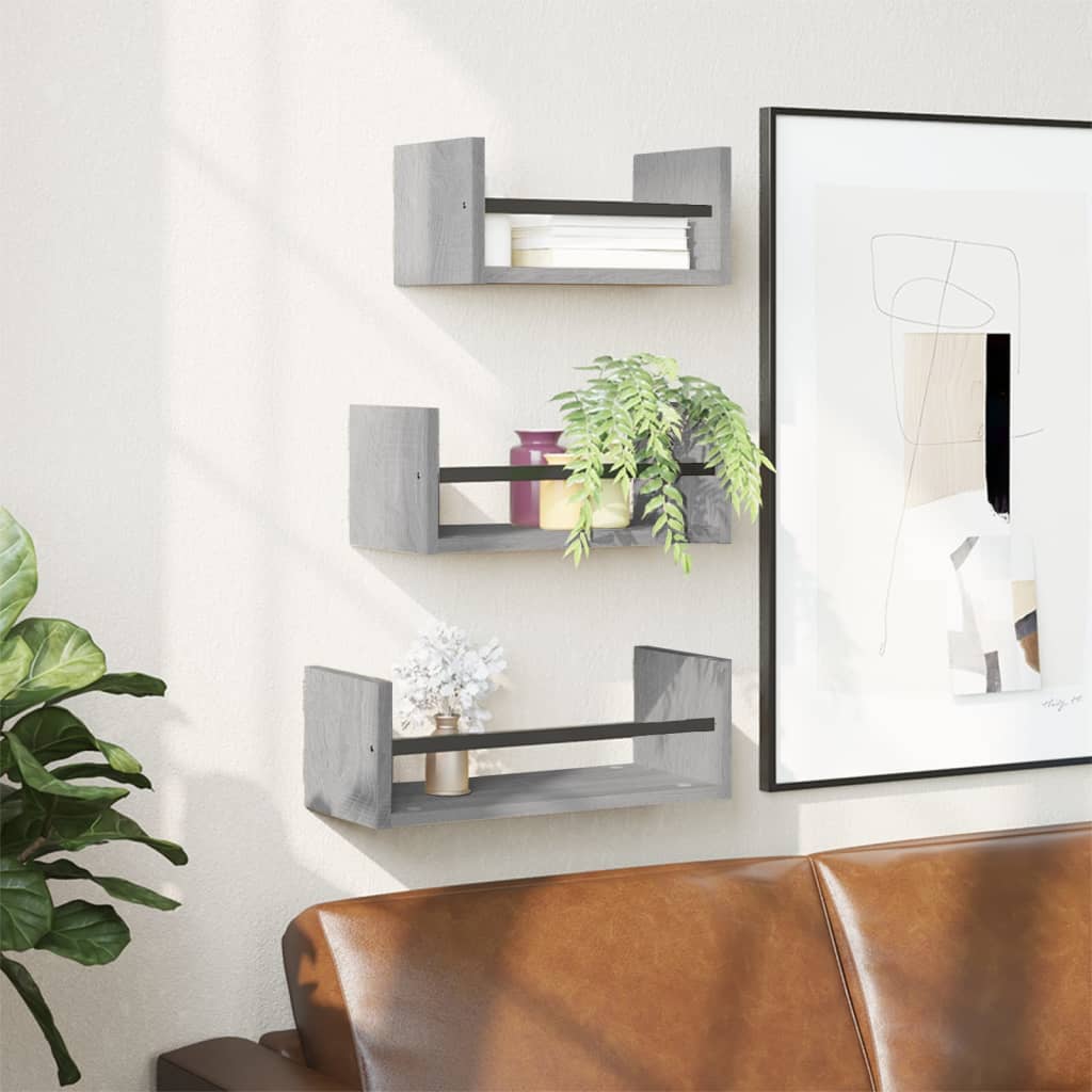 vidaXL 3 Piece Wall Shelf Set with Bars Grey Sonoma Engineered wood