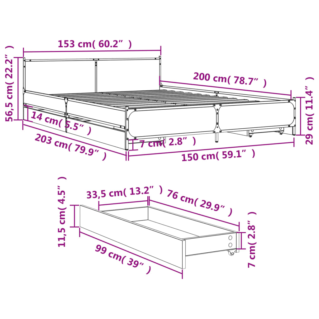 vidaXL Bed Frame with Drawers without Mattress Black 150x200 cm King Size