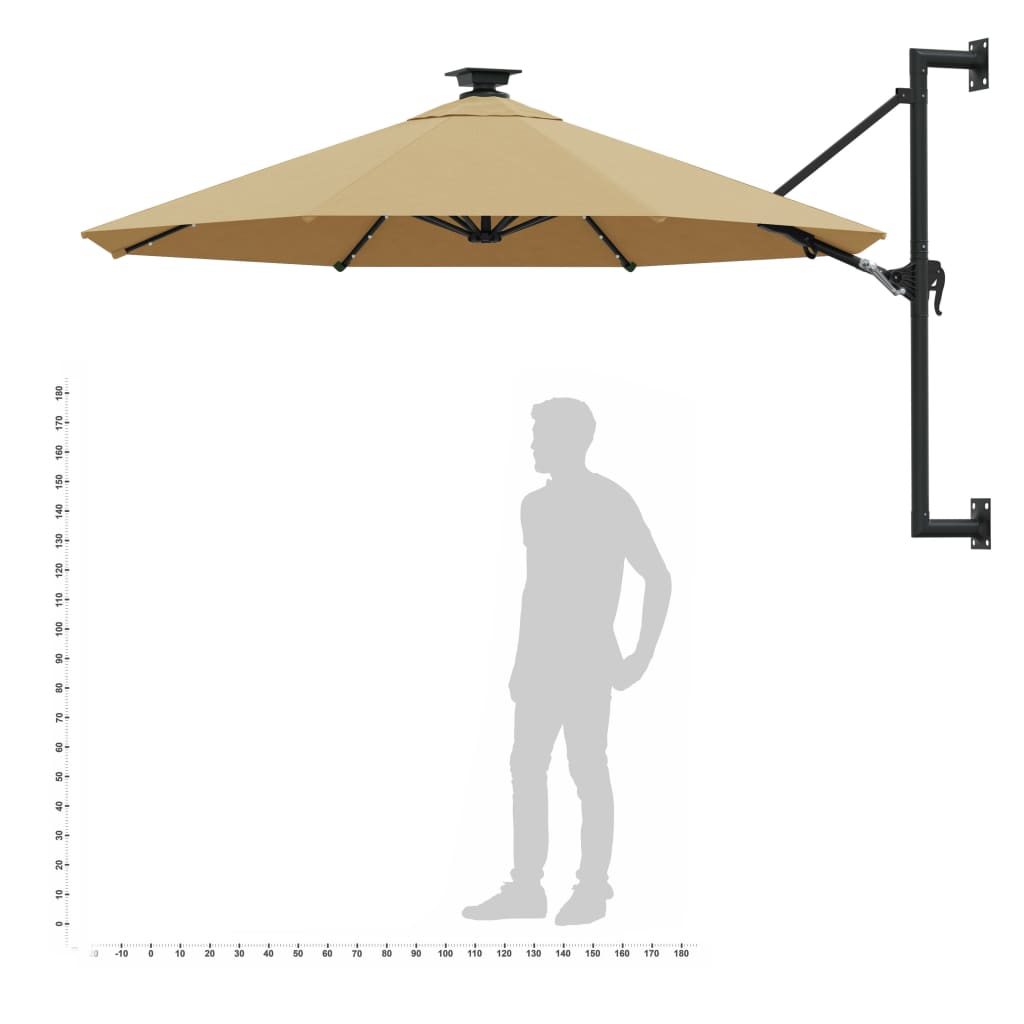 vidaXL Wall-mounted Garden Parasol with LEDs 300 cm Taupe