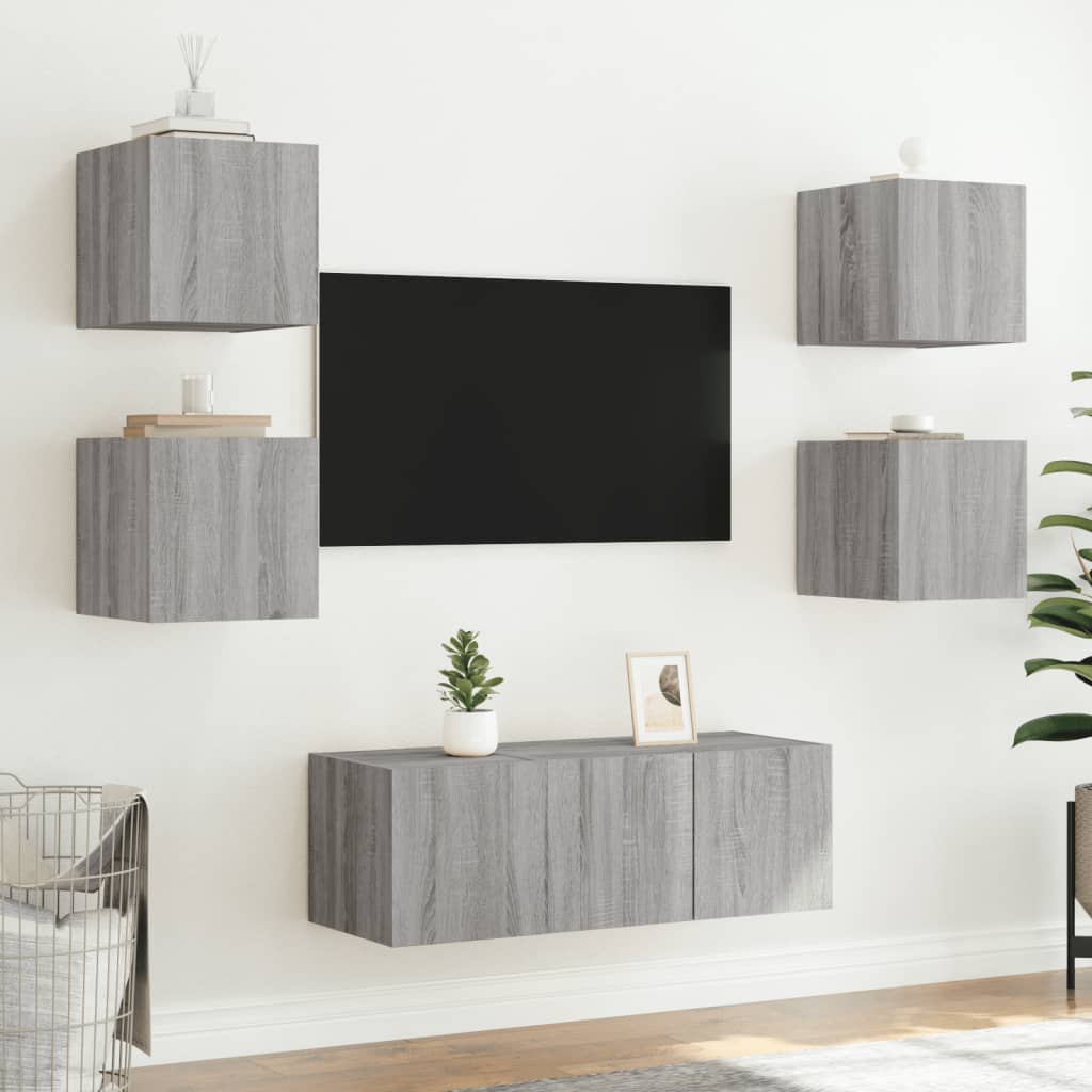 vidaXL TV Wall Cabinet with LED Lights Grey Sonoma 30.5x35x30 cm