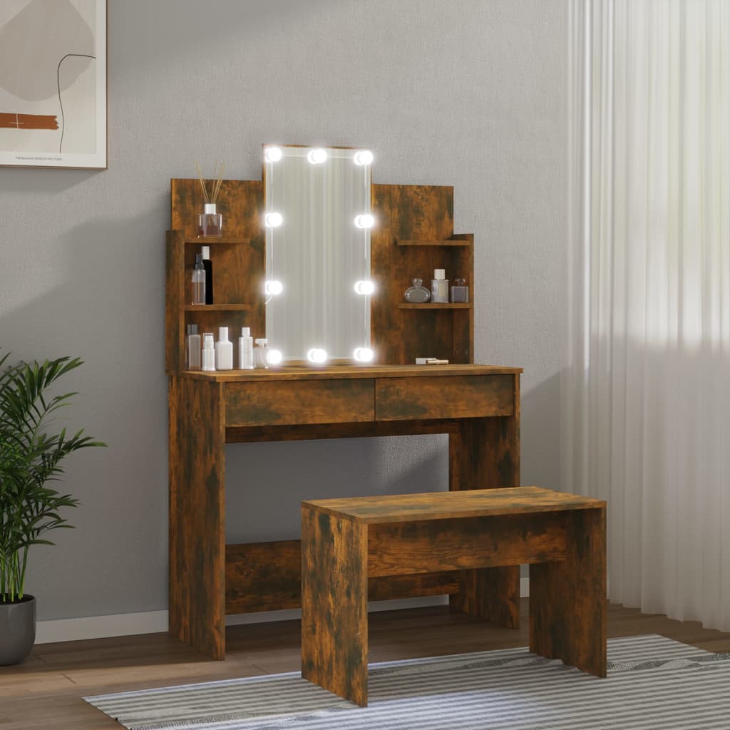 vidaXL Dressing Table Set with LED Smoked Oak Engineered Wood