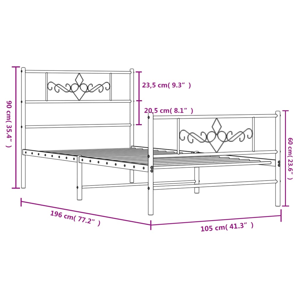 vidaXL Metal Bed Frame without Mattress with Footboard White 100x190 cm