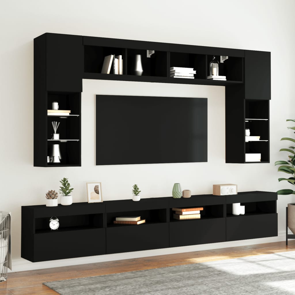 vidaXL TV Wall Cabinets with LED Lights 2 pcs Black 60x30x40 cm