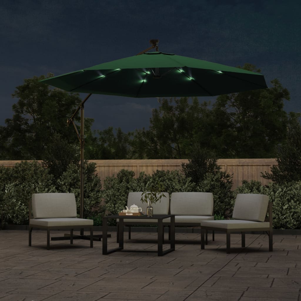 vidaXL Hanging Garden Parasol with LED Lighting 300 cm Green Metal Pole