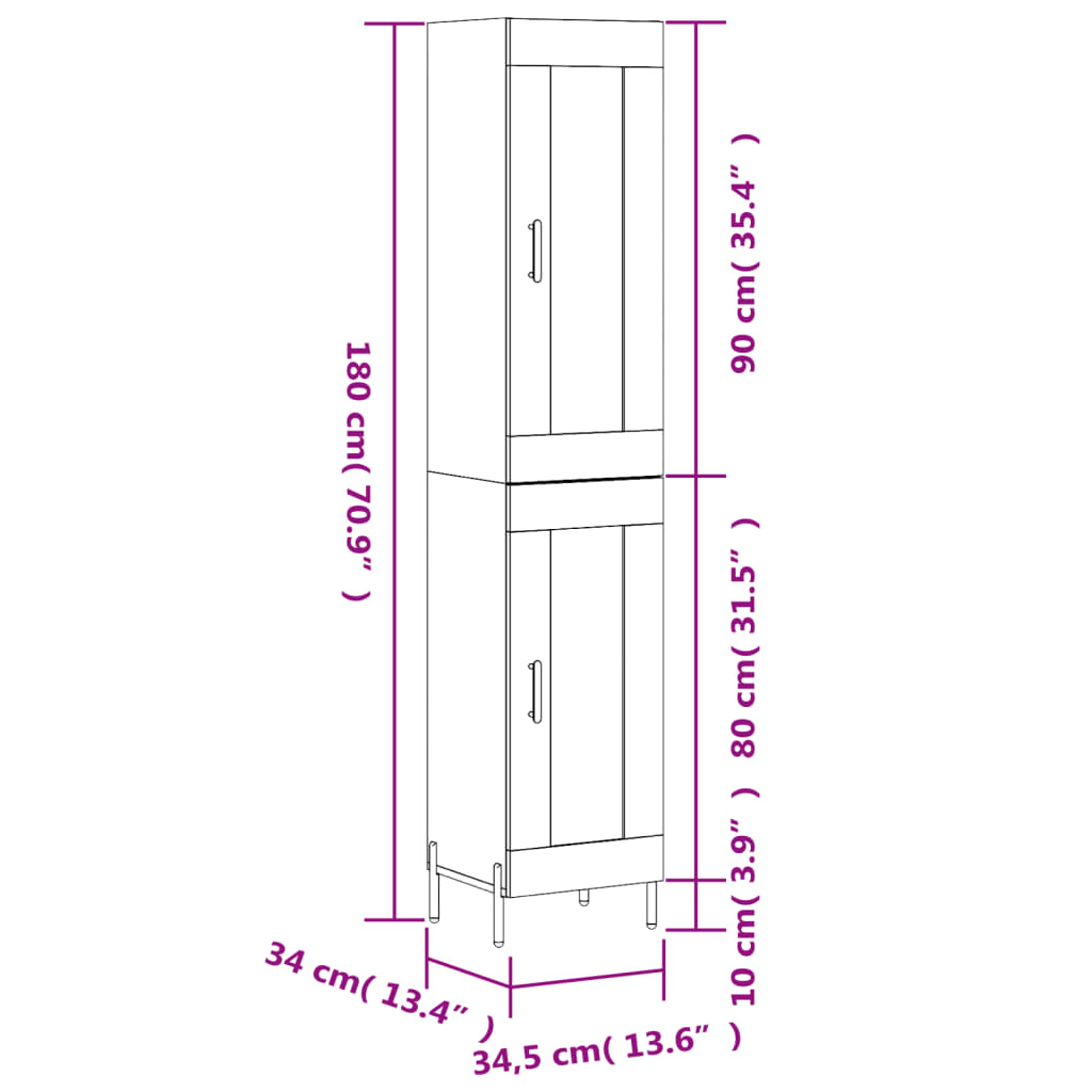 vidaXL Highboard High Gloss White 34.5x34x180 cm Engineered Wood