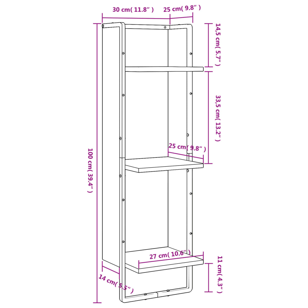 vidaXL 3-Tier Wall Shelf Black 30x25x100 cm Engineered Wood