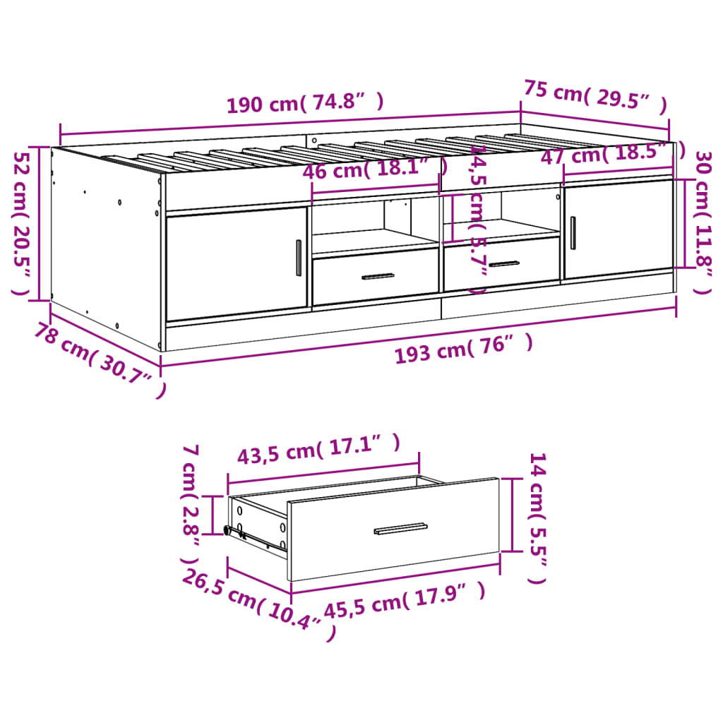 vidaXL Daybed with Drawers without Mattress White 75x190 cm Small Single