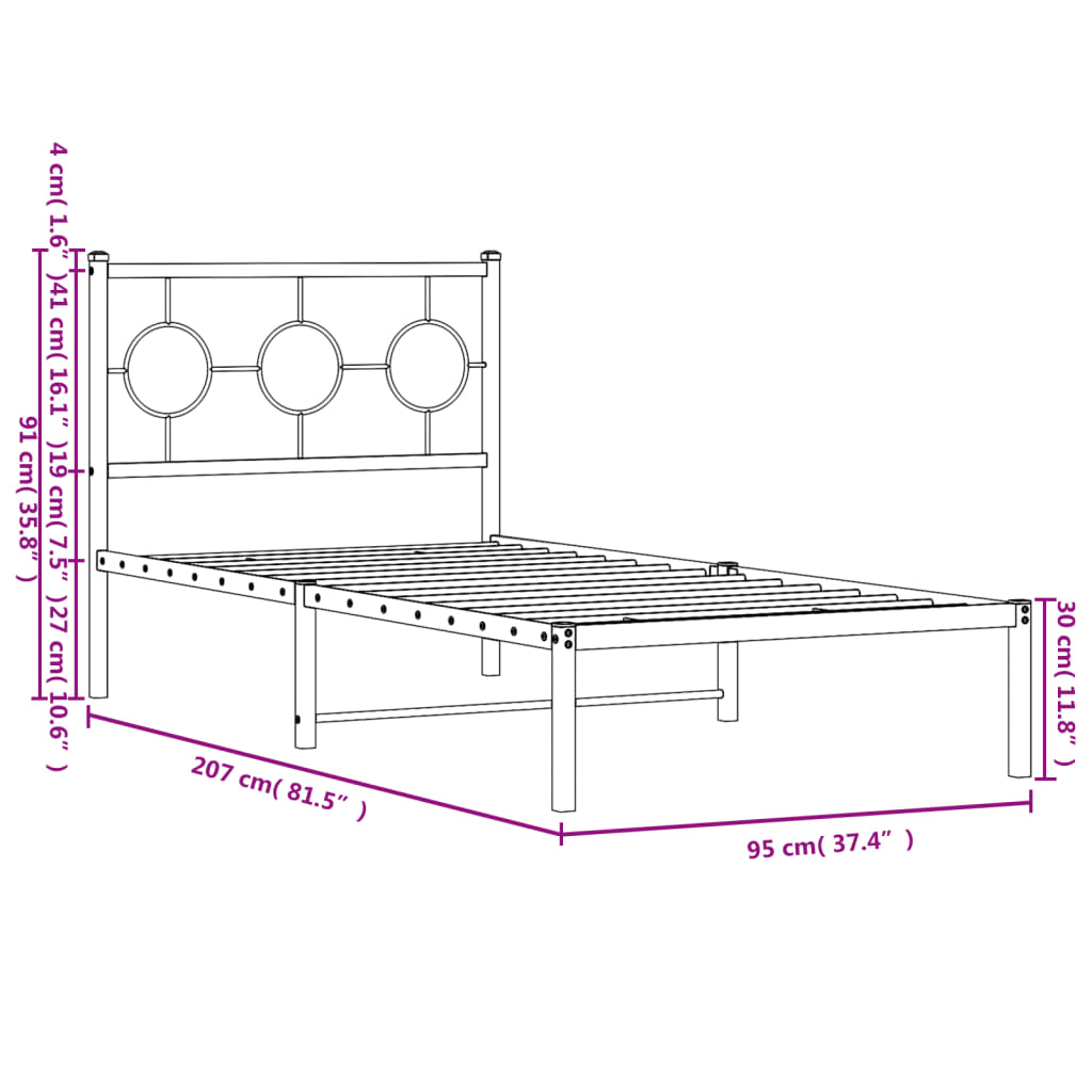 vidaXL Metal Bed Frame without Mattress with Headboard Black 90x200 cm