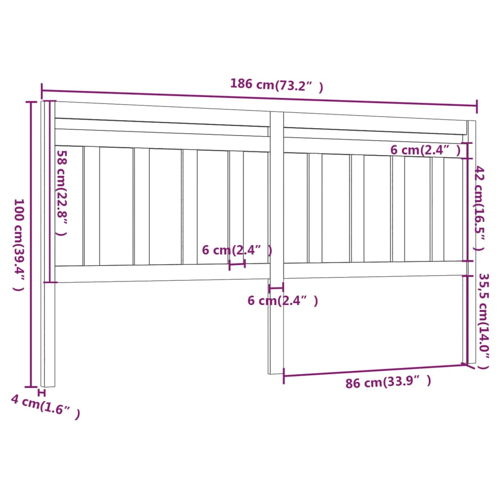 vidaXL Bed Headboard Grey 186x4x100 cm Solid Wood Pine