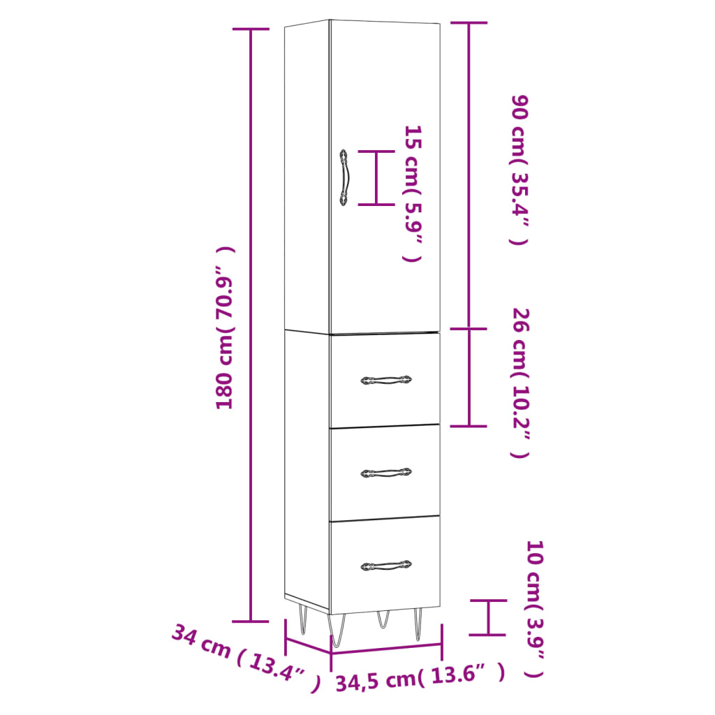 vidaXL Highboard White 34.5x34x180 cm Engineered Wood