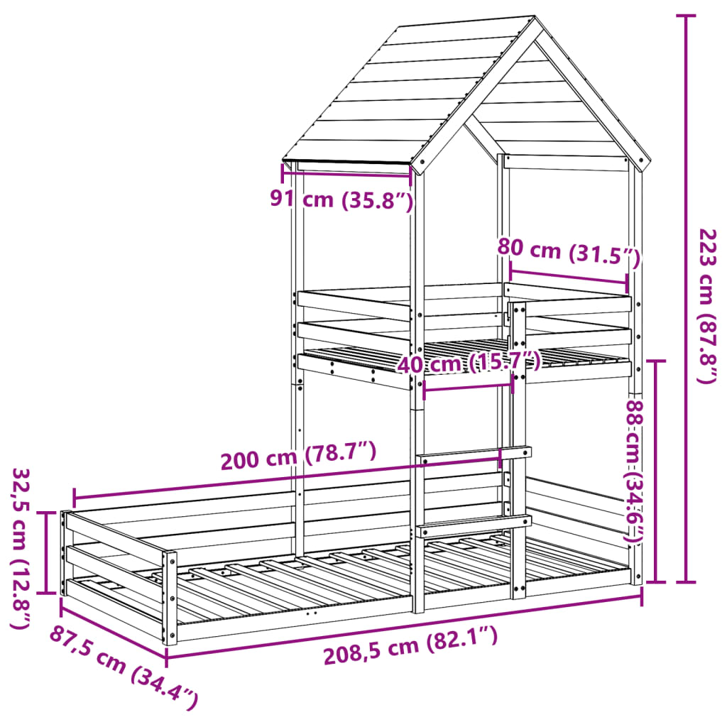 vidaXL Bunk Bed with Roof White 80x200 cm Solid Wood Pine