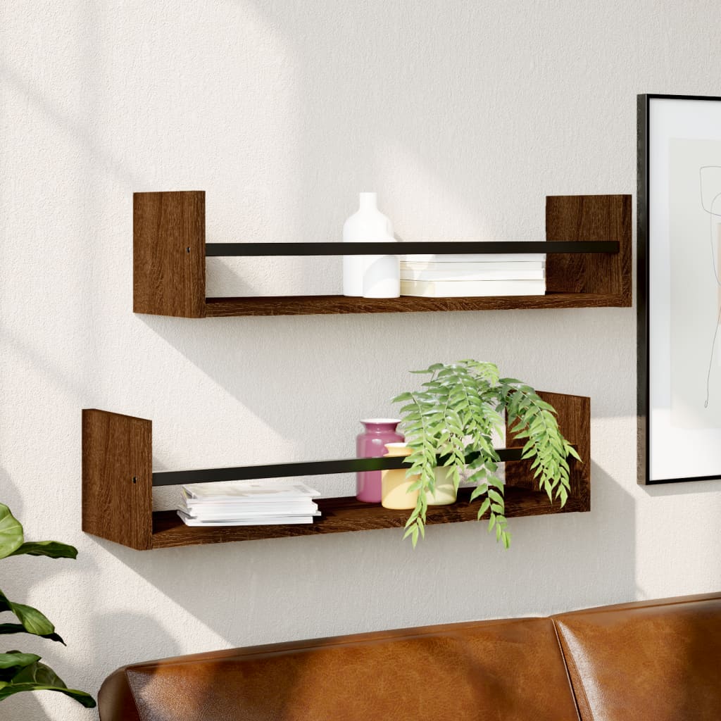 vidaXL Wall Shelves with Bars 2 pcs Brown Oak 60x16x14 cm