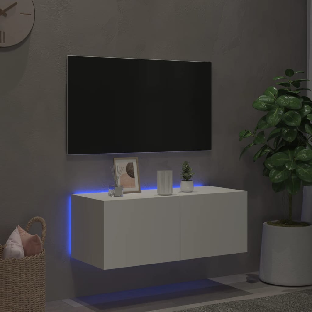 vidaXL TV Wall Cabinet with LED Lights White 80x35x31 cm