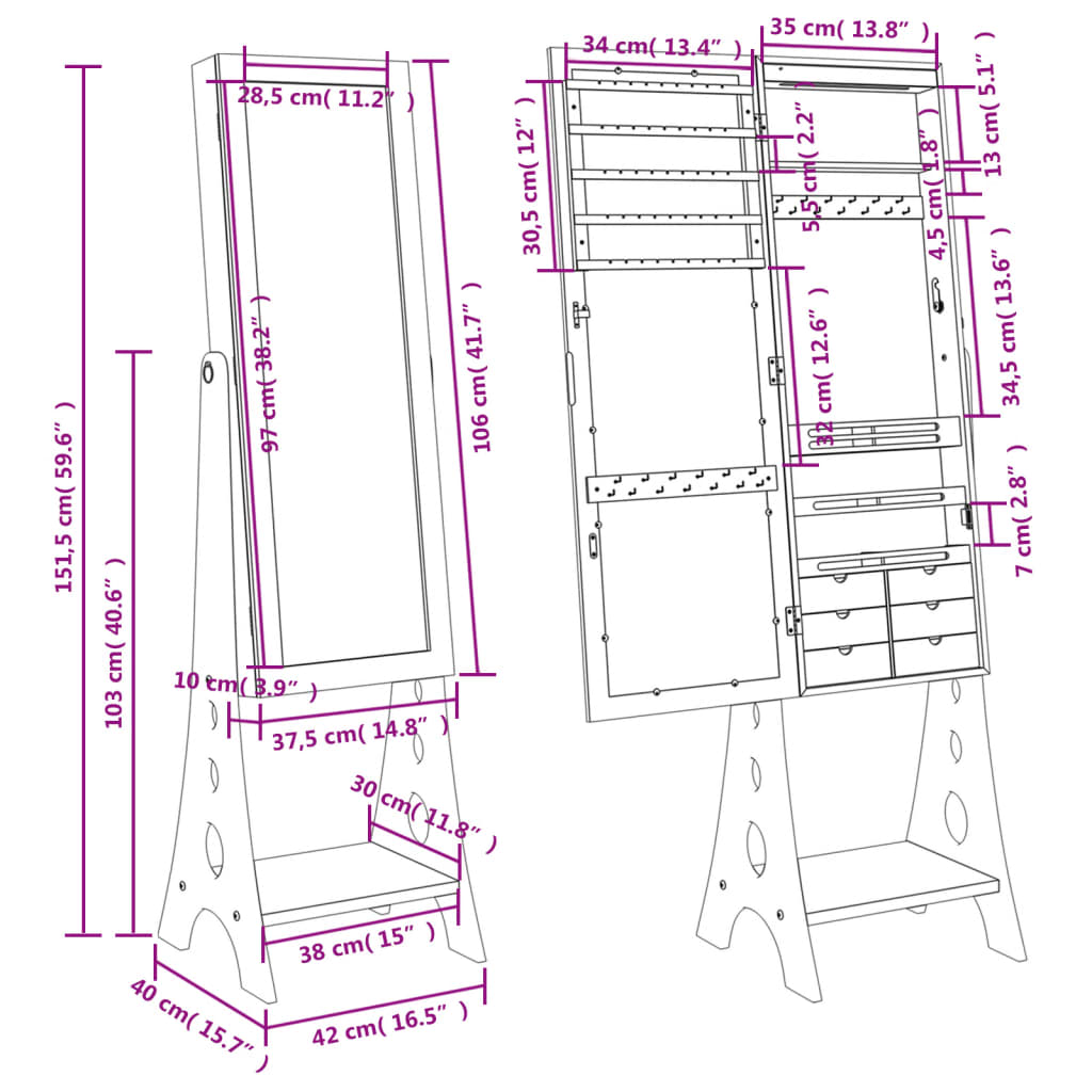 vidaXL Mirror Jewellery Cabinet with LED Lights Free Standing