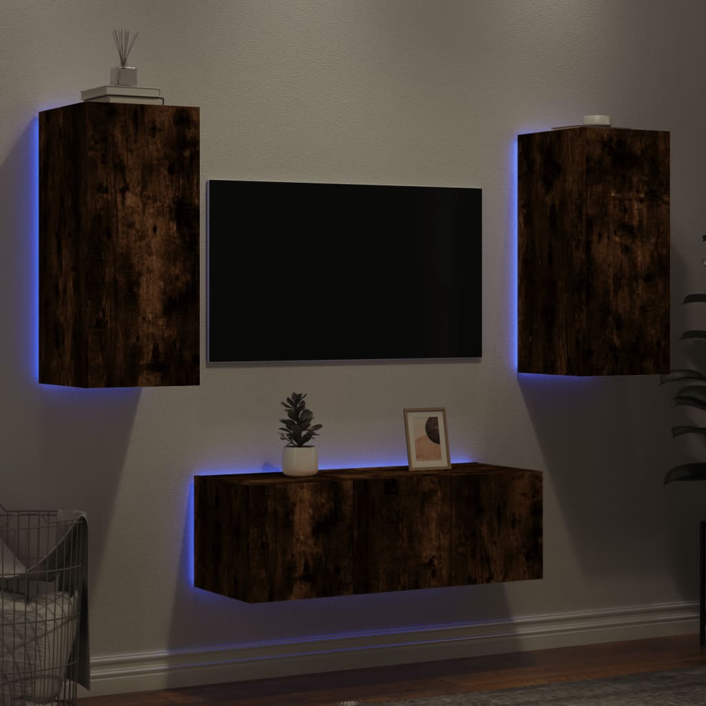 vidaXL 4 Piece TV Wall Units with LED Smoked Oak Engineered Wood